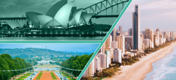 Three photographs of Australian landmarks: the Sydney Opera House, Melbourne's beachfront, and the Parliament buildings.