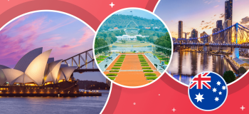 Photos of beautiful places to visit in Australia, and illustration of the Australian flag.