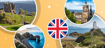 Photos of picturesque landscapes in the United Kingdom and an illustration of the union jack.
