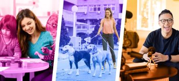 Side-by-side illustrations of students babysitting, dog walking, and tutoring.