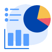 A series of charts (pie chart, bar chart, listing) mostly in blue with some red and yellow highlights.