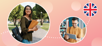 Photographs of two students and a circular representation of the Union Jack flag overlay a light peach background.