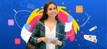 A photograph of a smiling student, surrounded by illustrations of blueprints, colour palettes, and graphic design tools, against a deep blue background.