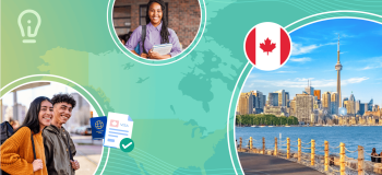 A skyline view of Toronto from Toronto Island: tall modern towers framed by a blue sky and Lake Ontario. Photographs of international students complement the landscape image.