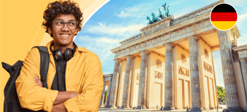 An international student with a backpack and headphones smiles with his arms crossed. The background of the image features Germany's Brandenburg Gate as well as a German flag illustration.