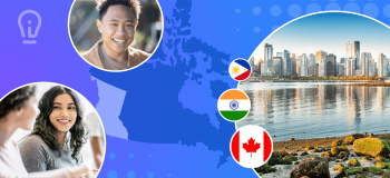 A map of Canada in blue with British Colombia highlighted, and overlaid with photos of BC, international students, and stylized Canadian, Indian, and Filipino flags.