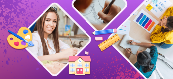 Photographs of a student with a paintbrush, students in a design class, and a pen-and-ink illustration are framed on a purple background