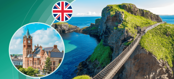 Blog banner image for Northern Ireland featuring photos of castle and cliffs in Northern Ireland, along with an illustration of the UK flag