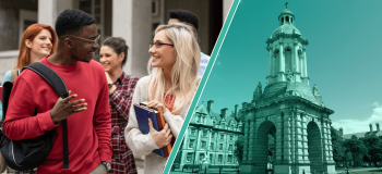 Photos of an Irish building and two students talking while walking through a campus in Ireland.