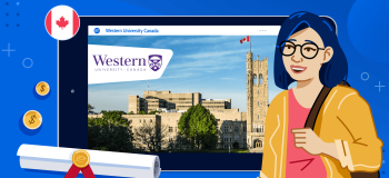 Illustration of woman student, diploma, and other education-related imagery