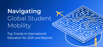 A graduation cap with a maze embedded on the top of it, with a yellow tassel and a cartoon plane taking off from the exit of the maze on a deep blue background, along with Trends Report 2025 wording.