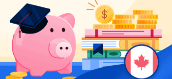 A pink piggy bank wearing a graduation cap sits beside a stack of coins and books.