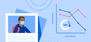 A child in a photograph wearing a backpack and face mask