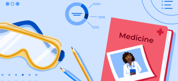 AI Top Fields of Study at U15 Institutions banner featuring safety googles, a picture of a female doctor, and a medical notebook