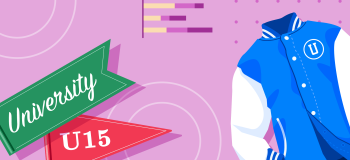 Two pennants that read "University" and "U15" and a varsity jacket.