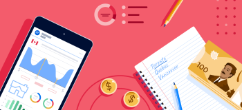 AI Tuition/Rent banner featuring a smartphone with price graphs, a notepad, and a stack of $100 Canadian bills