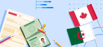 AI Algeria banner featuring an Algerian flag, Canadian flag, Algerian passport, Canadian study permit document, and generic graphs