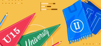 AI: U15 #2 banner featuring a blue scarf, a red pennant with U15 on it and a green pennant with University on it