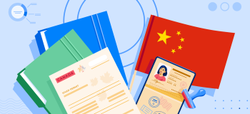 A Chinese flag, a passport, a study permit, and some file folders.