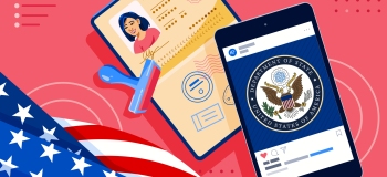 A passport, a passport stamp, a smartphone displaying the seal of the US Department of State, and a folded American flag.