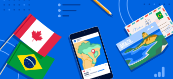 AI Brazil-Canada banner featuring a Canadian flag, a Brazilian flag, a phone with a map of Brazil, and two postcards of Brazil