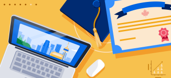 Banner image for AI: Study Permits Canada Early 2021 featuring a laptop with a picture of the CN Tower, a diploma, and a graduation cap