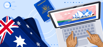 ApplyInsights: International Students Extending Their Australian Studies banner featuring student hands on an open laptop, Australian passport, Australian flag, and image of Sydney Opera House