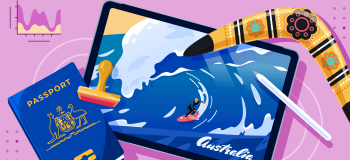 AI: Australia Student Visa Trends in 2020/21 banner featuring a picture of surfer on a big wave, a passport, and a boomerang