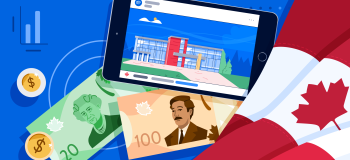 ApplyInsights: The Economic Impact of the Pandemic on Canadian Universities banner featuring Canada flag, $100, $20, and tablet screen