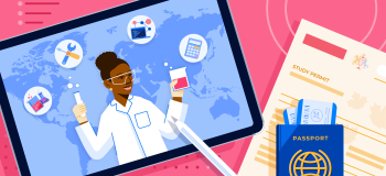 ApplyInsights: Students Looking for STEM Programs and Low Tuition Costs banner featuring female scientist, study permit, and passport