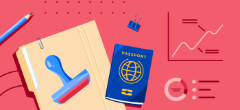 AI Retention banner with a file folder, stamp, passport, and generic charts