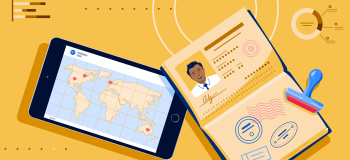 A passport and a smartphone showing a map with Canada, the US, the UK, and Australia highlighted.