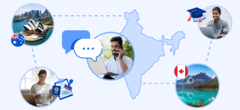 An illustrated map of India is overlaid by a photograph of a smiling South Asian man on a phone and illustrations of speech bubbles, Canada and Australia flags, and photographs of students receiving acceptance letters.