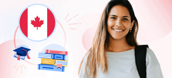 A smiling student, framed by a pink illustrated background and spot illustrations of books, a grad cap, and a Canadian flag.