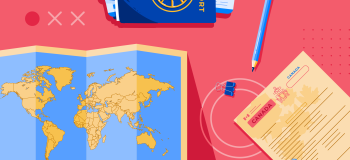 Illustration of map, study permit, and travel documents