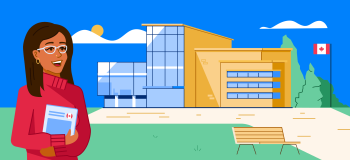 Illustration of female student standing in front of school