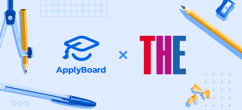 ApplyBoard and Times Higher Education logos with school supplies