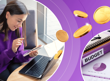 A female international student holds her phone while sitting in front of a laptop, planning a budget for study abroad. She is framed by illustrated coins, and a photograph of a calculator, spreadsheets, and budget books.