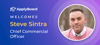 A headshot of Steve Sintra is framed by the ApplyBoard logo, his name, and his new CCO title on a blue and purple illustrated background.
