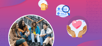 Illustration of two hands with a heart, a search engine, and a pint of beer beside a photograph of students sitting on concrete steps