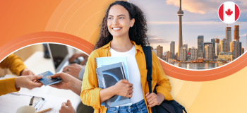 A female international student holding books and a bag is framed by student documents and the Toronto, Canada skyline, along with the Canadian flag.