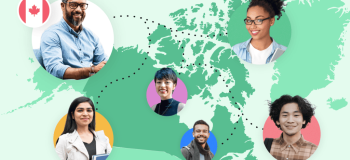 A map of Canada overlaid with photos of international students and sector professionals.