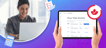 Photo of a student on their laptop applying to study abroad, and a tablet showcasing ApplyBoard's Canadian Visa Calculator tool.