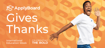 An excited student in a jumping posture, beside the text "ApplyBoard Gives Thanks"