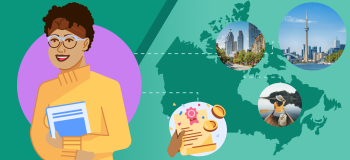 An illustrated map of Canada, overlaid with scenic photos of Ontario, and an illustration of a female student wearing glasses and holding a book.