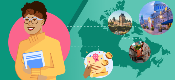 An illustrated map of Canada overlaid with scenic photos of Quebec and an illustration of a student with glasses.