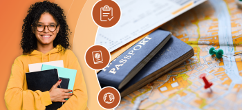 An international students holds some books to her chest and smiles, next to a different photo of a passport sitting on a city map with pins