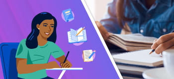 An image divided in half: one side features a photo of a student writing, surrounded by icons of a textbook, notebook, and pen with paper. The other half is a photograph cropped to show a torso of a student who has a book in one hand and is writing with their left hand. A blurry coffee cup and saucer are in the foreground.