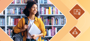 A female international student stands in a sunny library while holding a laptop and wearing a backpack. She is framed with a yellow background and icons of a diploma and a school.