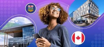 A female student with curly hair and glasses, holding a phone, looks upward hopefully. She is framed by images of the Alberta and Canada flags, as well as two Alberta college and polytechnic campus photos.
